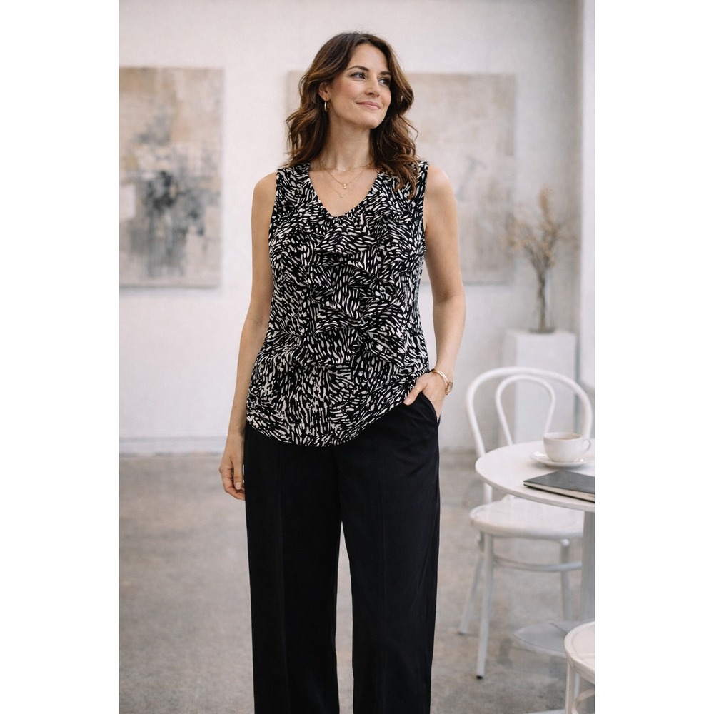 Women's XL Black & White Abstract Ruffle Sleeveless Blouse | Artsy Minimalist NW